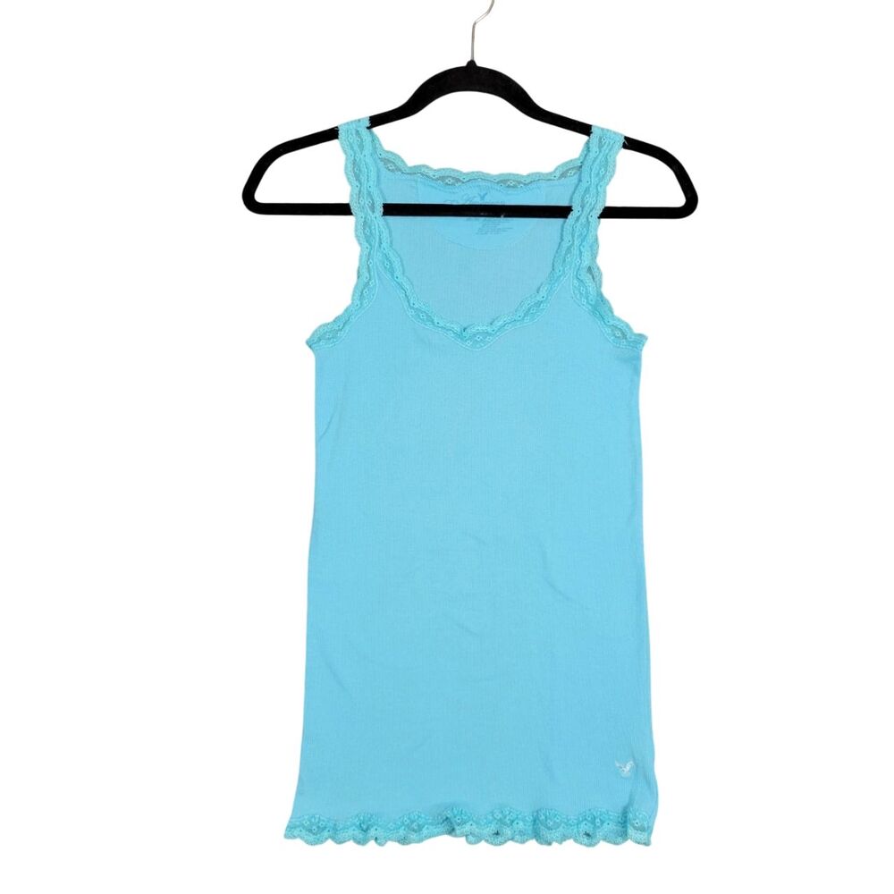 AMERICAN EAGLE Blue Lace Trim Cami Ribbed Camisole Elena Gilbert SIZE MEDIUM